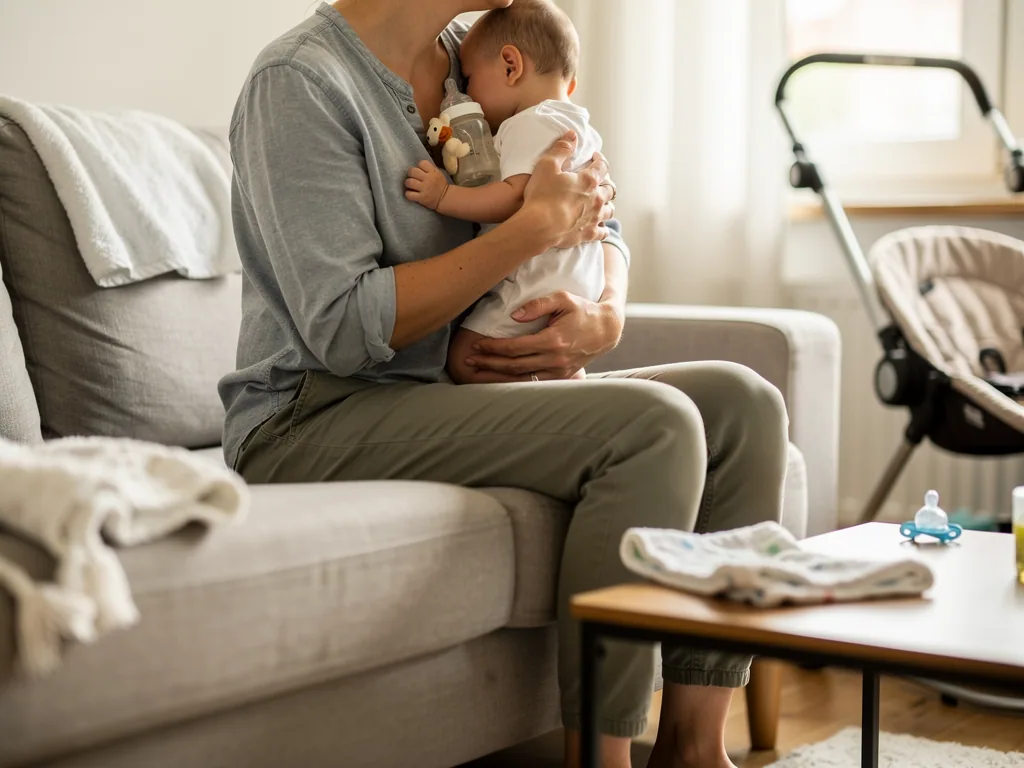 Elternteil hält ein Baby mit Fläschchen auf dem Sofa, daneben liegen Spucktuch, Schnuller und Babyschale.