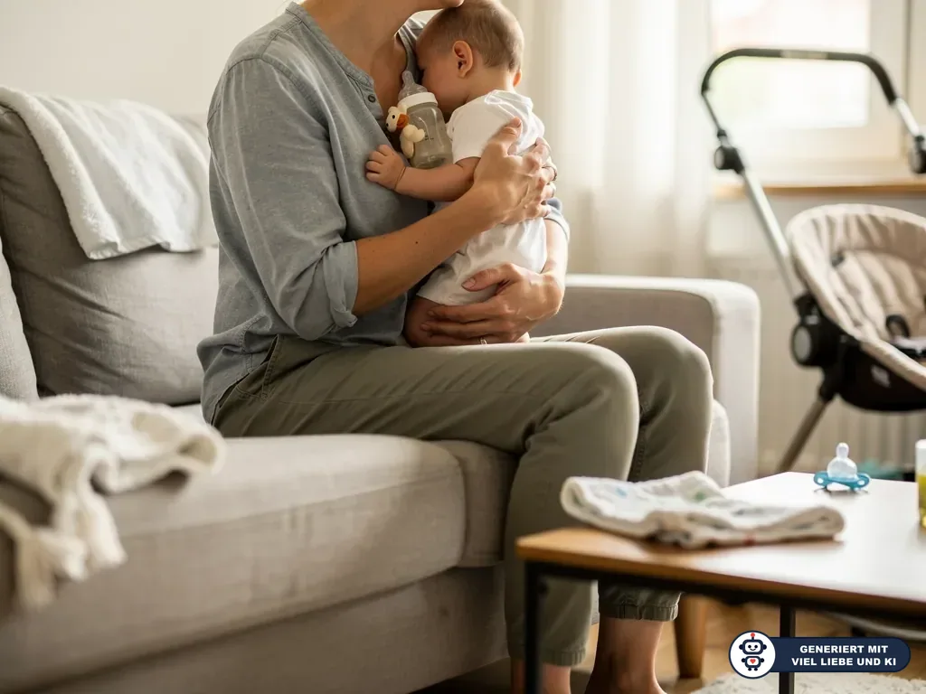 Elternteil hält ein Baby mit Fläschchen auf dem Sofa, daneben liegen Spucktuch, Schnuller und Babyschale. (mit KI erstellt)