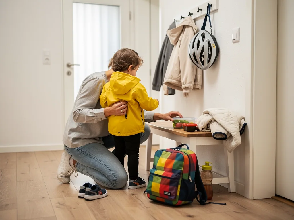 Elternteil hilft Kind in gelber Jacke im Flur, daneben Rucksack, Trinkflasche und Brotdose für den Kliniktermin.