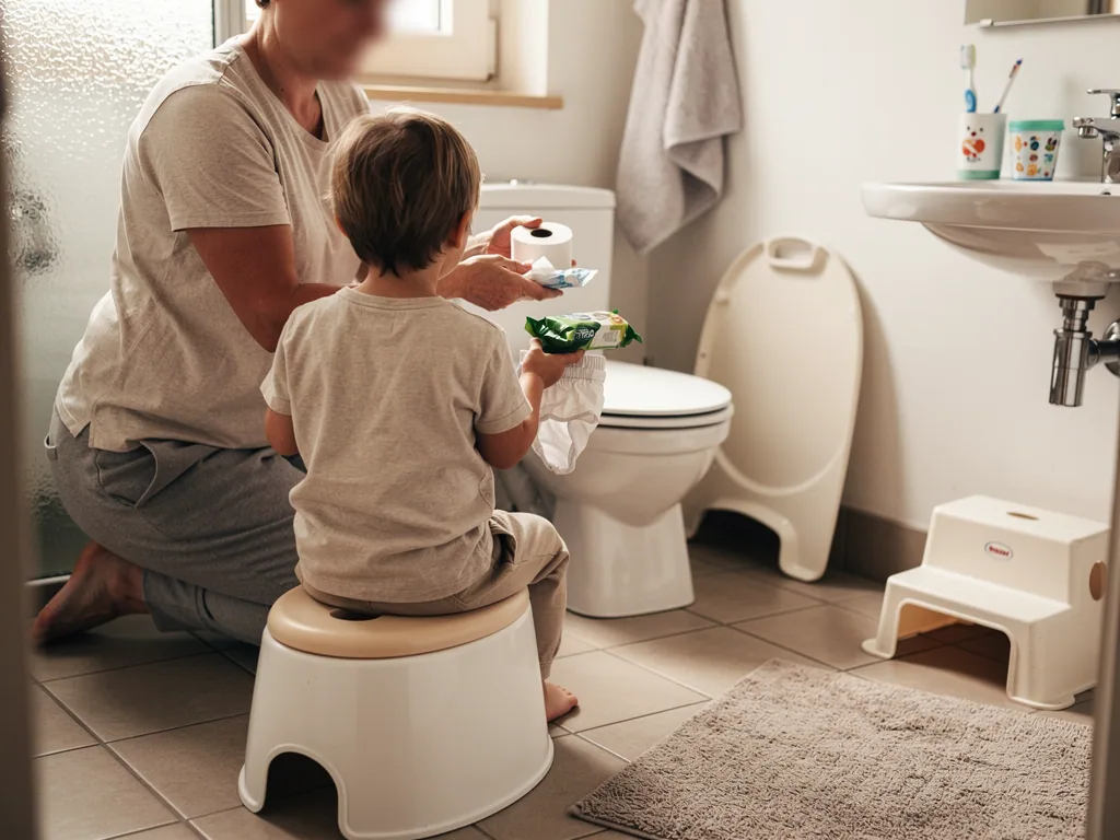 Elternteil hilft Kleinkind auf dem Töpfchen im Bad mit Toilettenpapier und Feuchttüchern.