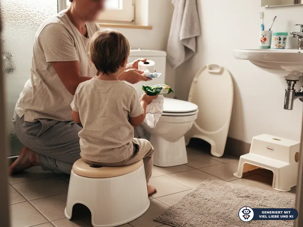 Elternteil hilft Kleinkind auf dem Töpfchen im Bad mit Toilettenpapier und Feuchttüchern. (mit KI erstellt)