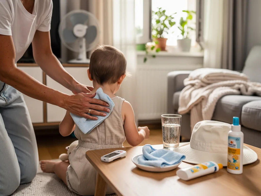 Elternteil kühlt einem Kleinkind mit feuchtem Tuch den Nacken; auf dem Tisch stehen Wasser, Thermometer und Sonnenschutz.