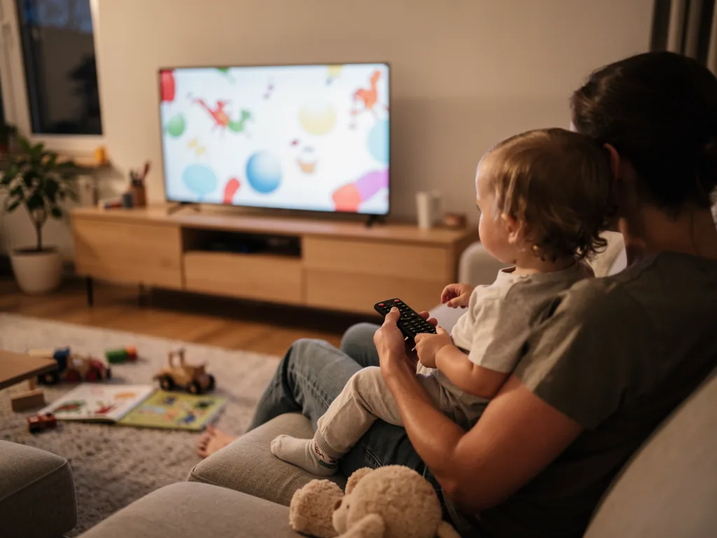 Elternteil mit Kleinkind auf dem Schoß sieht im Wohnzimmer fern und hält die Fernbedienung in der Hand.
