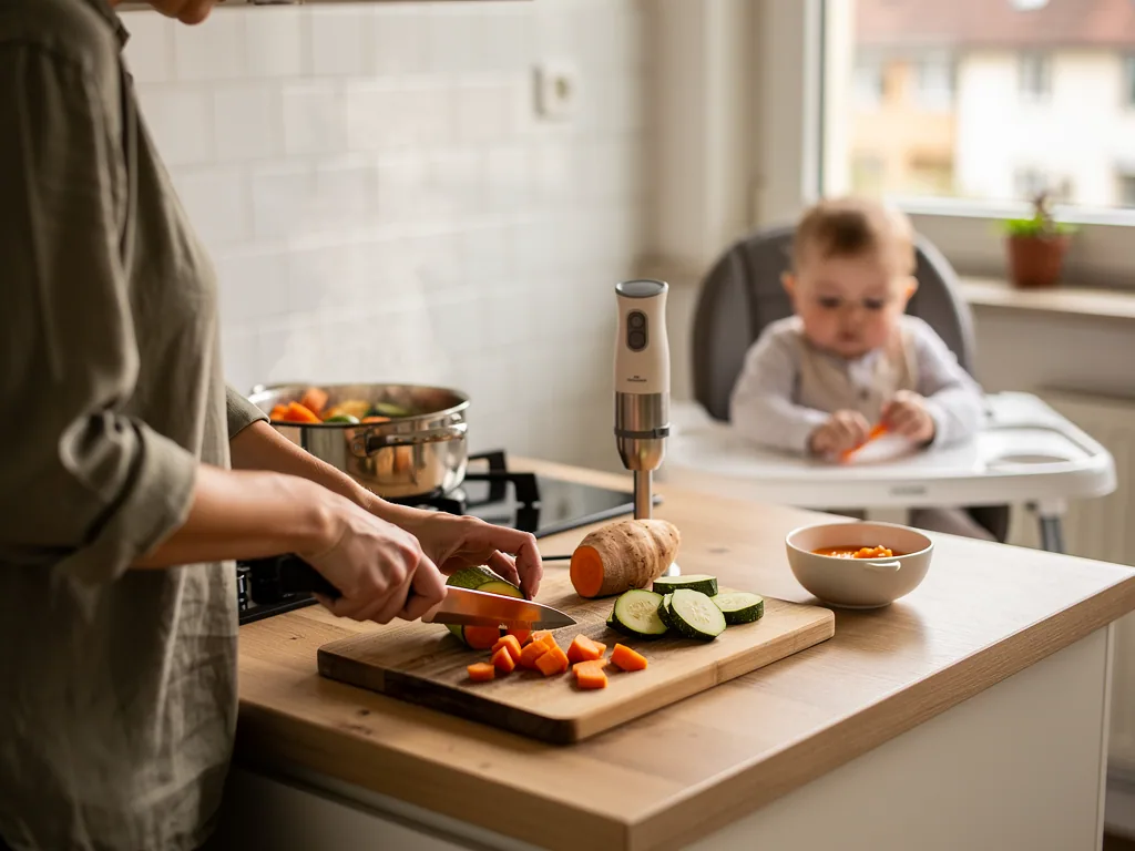 Elternteil schneidet Gemüse für Babybrei, während ein Baby im Hochstuhl in der Küche sitzt.