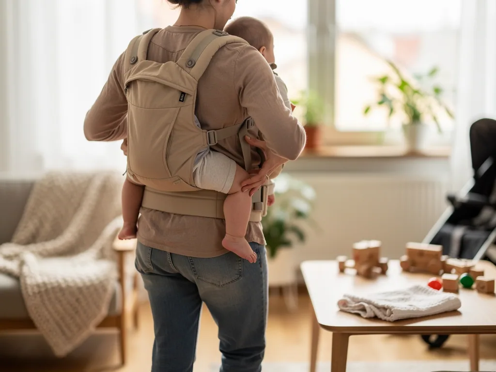 Elternteil trägt ein Baby in einer beigen Babytrage auf dem Rücken in einem hellen Wohnzimmer.