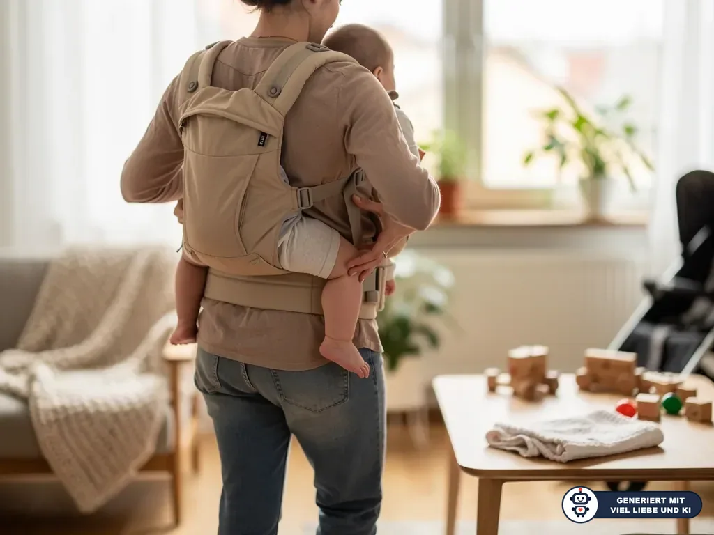 Elternteil trägt ein Baby in einer beigen Babytrage auf dem Rücken in einem hellen Wohnzimmer. (mit KI erstellt)