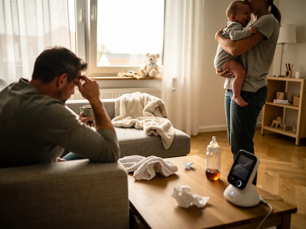 Erschöpfte Eltern im Wohnzimmer: Mutter hält ein weinendes Baby, Vater sitzt mit gesenktem Kopf auf dem Sofa.
