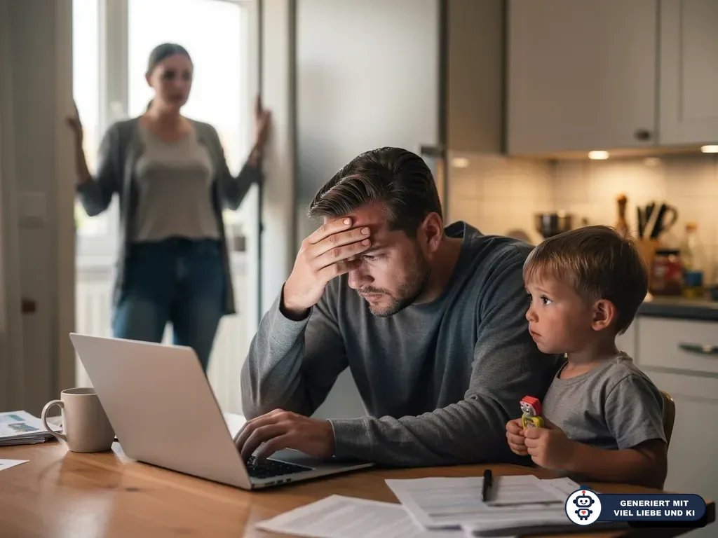 Erschöpfter Vater arbeitet am Laptop, Kind sitzt neben ihm, Partnerin steht im Hintergrund in der Küche. (mit KI erstellt)