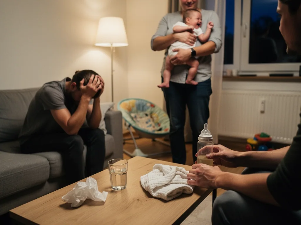 Erschöpfter Vater auf dem Sofa, weinendes Baby auf dem Arm, Angehöriger hält Fläschchen am Wohnzimmertisch.