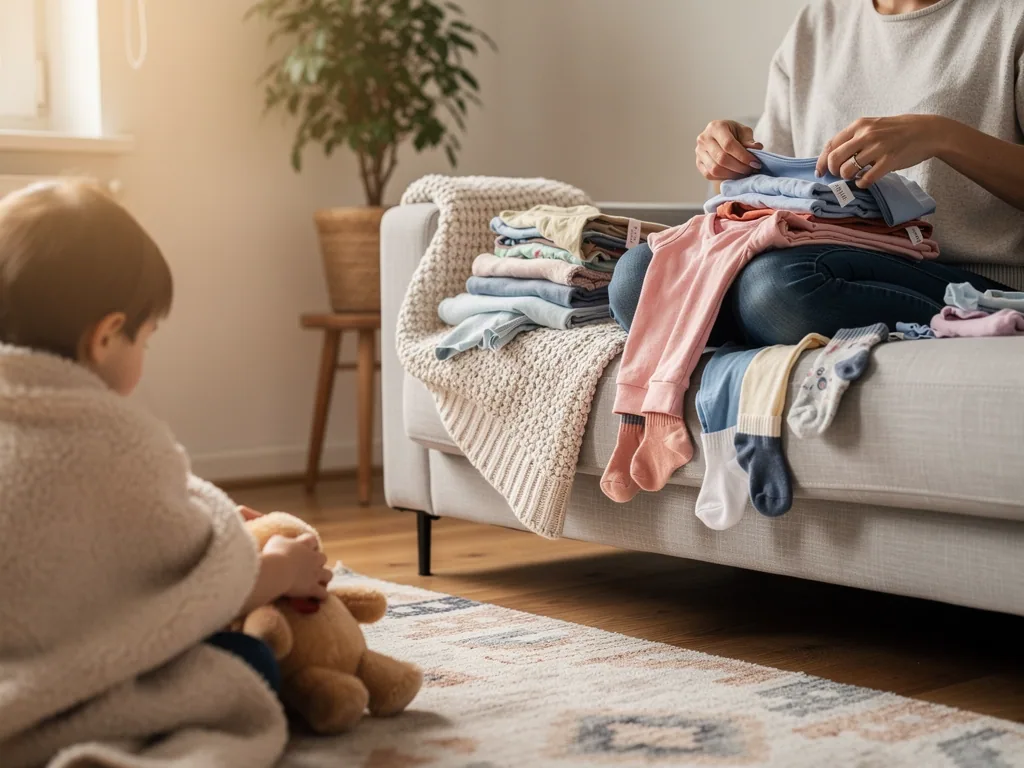 Erwachsene faltet Kinderkleidung auf dem Sofa, während ein Kind mit Teddybär im Wohnzimmer sitzt.