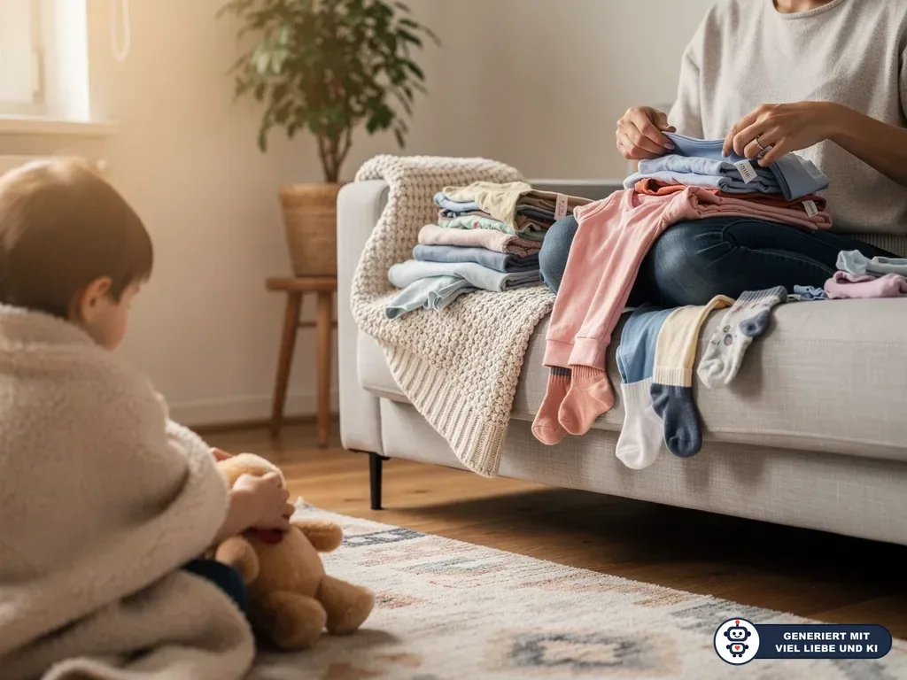 Erwachsene faltet Kinderkleidung auf dem Sofa, während ein Kind mit Teddybär im Wohnzimmer sitzt. (mit KI erstellt)