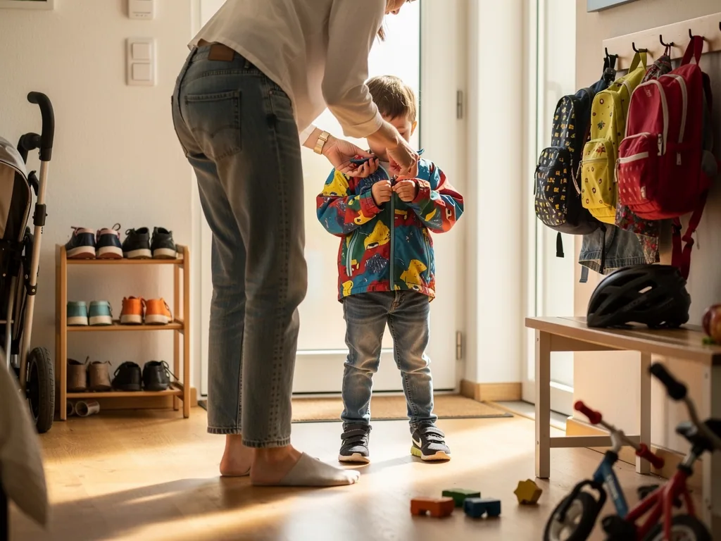 Erwachsene hilft kleinem Kind im Flur beim Anziehen einer bunten Jacke, neben Rucksäcken und Schuhregal.