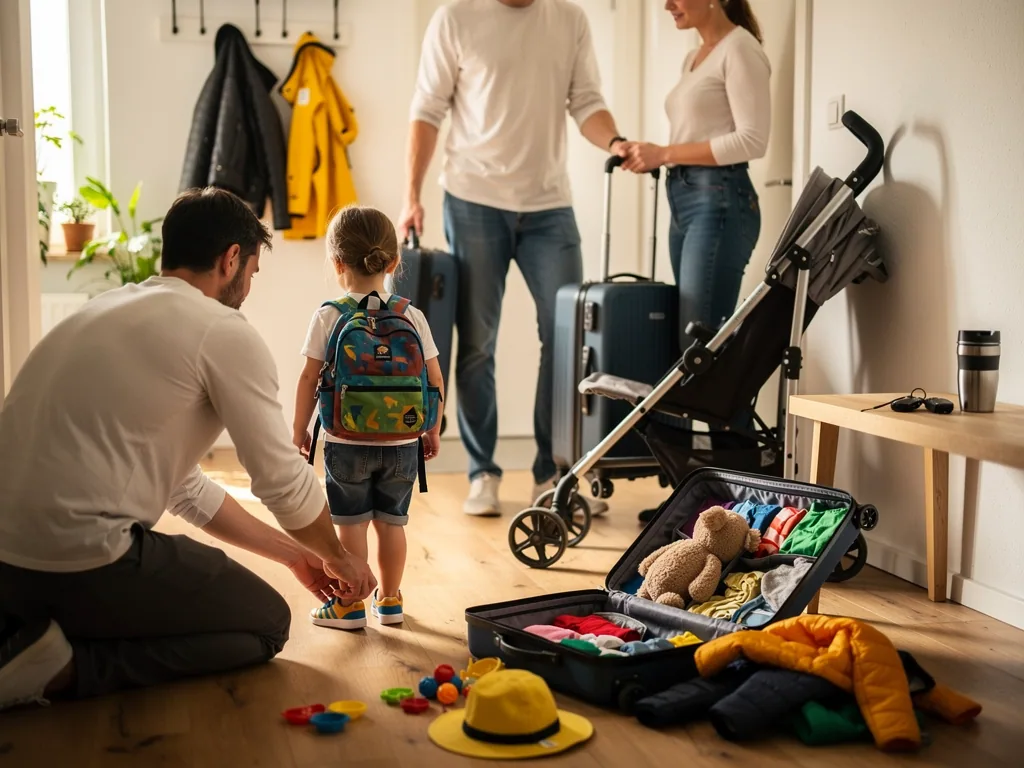 Erwachsene packen Koffer und Buggy, während ein Kind mit Rucksack im Flur für die Reise bereitsteht.