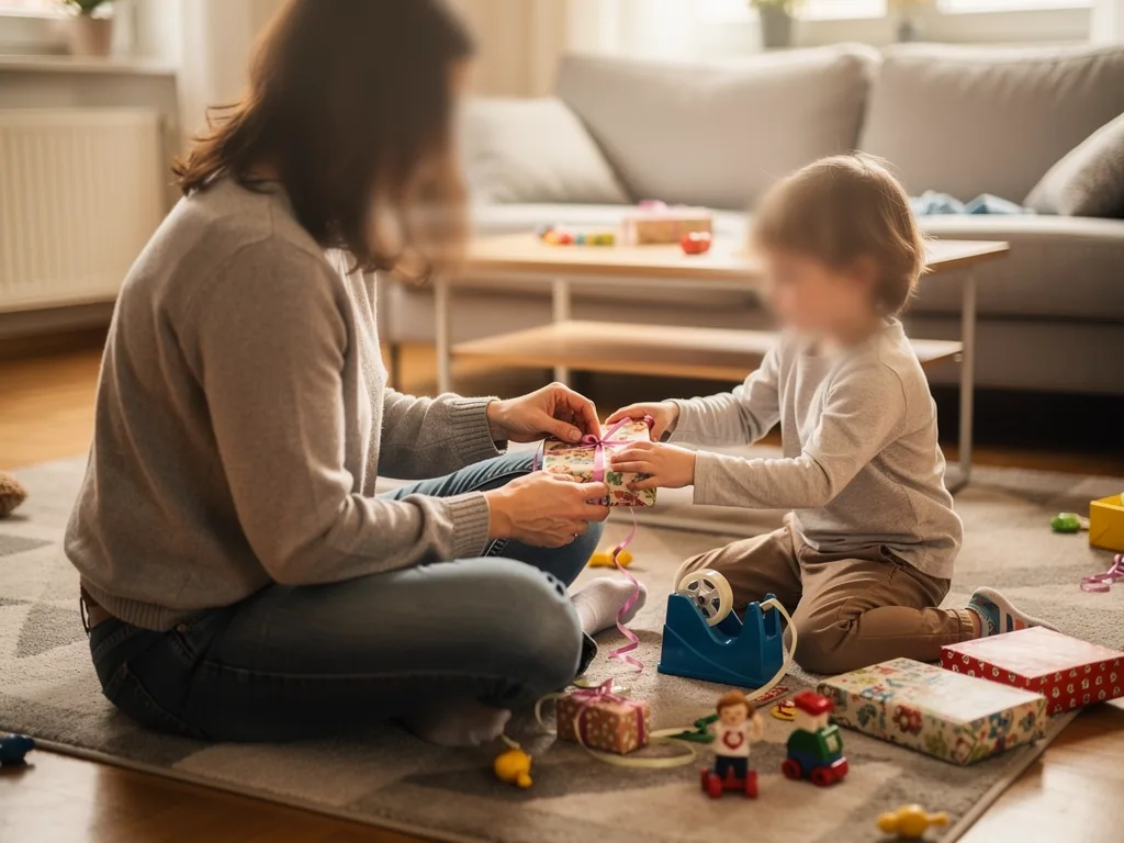Erwachsene Person und Kleinkind sitzen auf dem Teppich und halten ein verpacktes Geschenk zwischen Spielzeug.