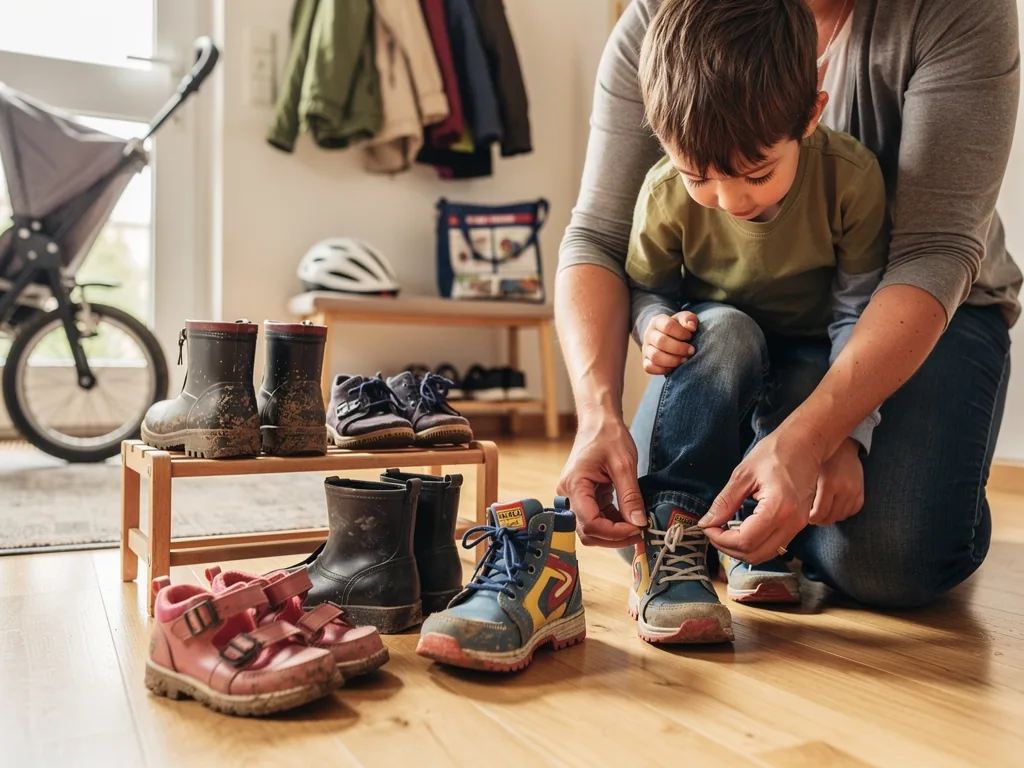 Erwachsene schnürt einem Kind im Flur einen Schuh; mehrere Kinderstiefel und Schuhe stehen auf dem Boden.