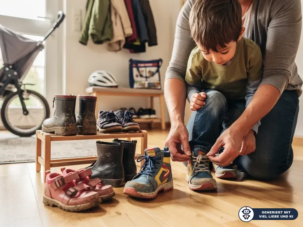 Erwachsene schnürt einem Kind im Flur einen Schuh; mehrere Kinderstiefel und Schuhe stehen auf dem Boden. (mit KI erstellt)