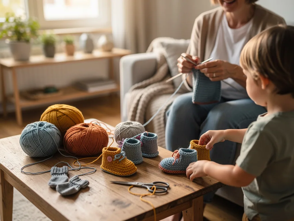 Erwachsene strickt Kinderschuhe, während ein Kleinkind gestrickte Babyschuhe und Wollknäuel auf dem Tisch anschaut.