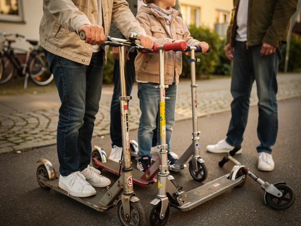 Erwachsene und Kind stehen mit Tretrollern auf einer Wohnstraße; ein Roller liegt seitlich auf dem Asphalt.