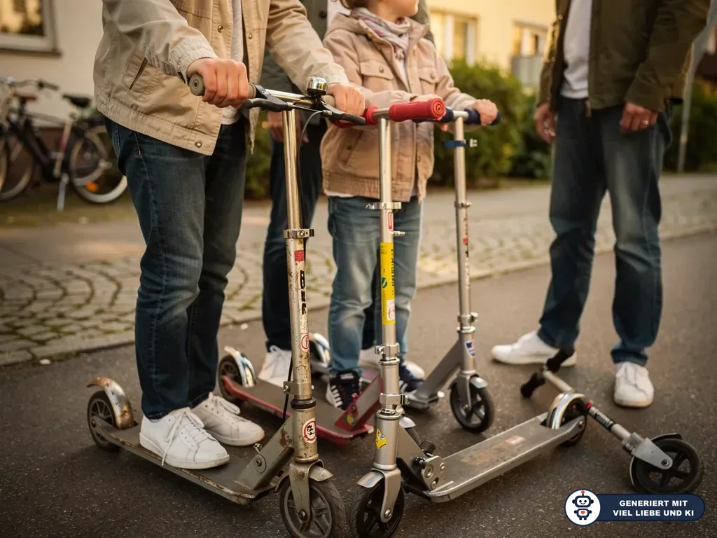 Erwachsene und Kind stehen mit Tretrollern auf einer Wohnstraße; ein Roller liegt seitlich auf dem Asphalt. (mit KI erstellt)