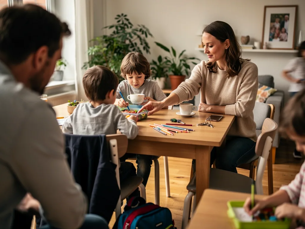 Erwachsene und Kinder sitzen am Tisch, trinken Kaffee und malen gemeinsam in einem hellen Wohnzimmer.