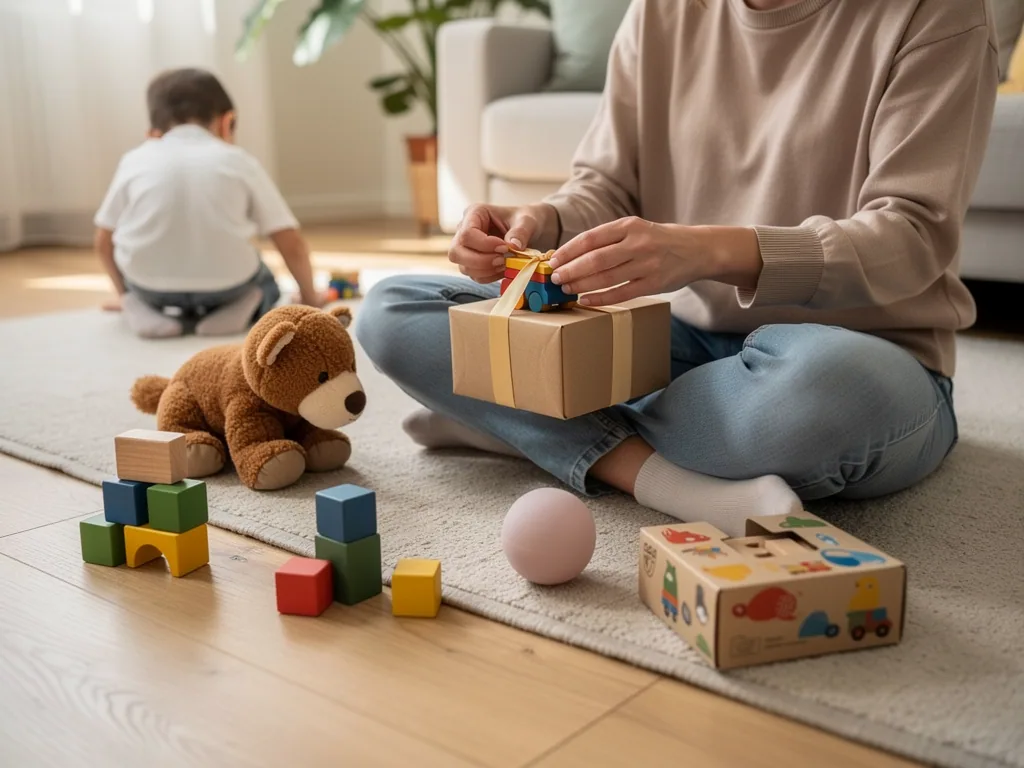 Erwachsene verpackt ein Geschenk, während ein Kind zwischen Bauklötzen, Teddy und Motorikspielzeug spielt.