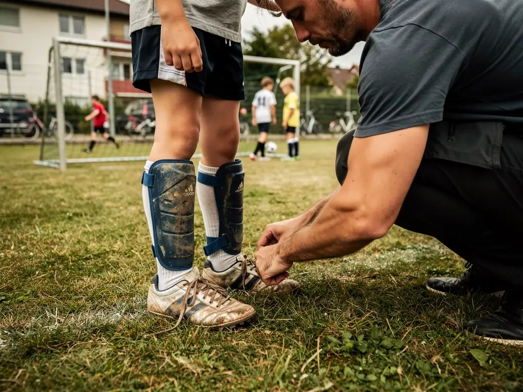 Erwachsener bindet einem Kind mit Schienbeinschonern auf dem Fußballplatz die Schuhe zu.