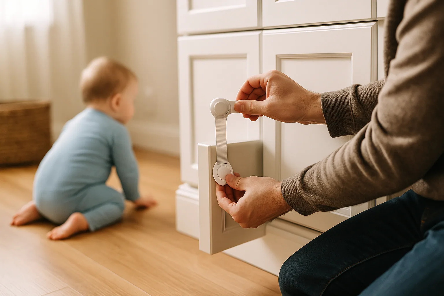 Erwachsener bringt eine Kindersicherung an einem weißen Schrank an, während ein Baby im Hintergrund krabbelt.