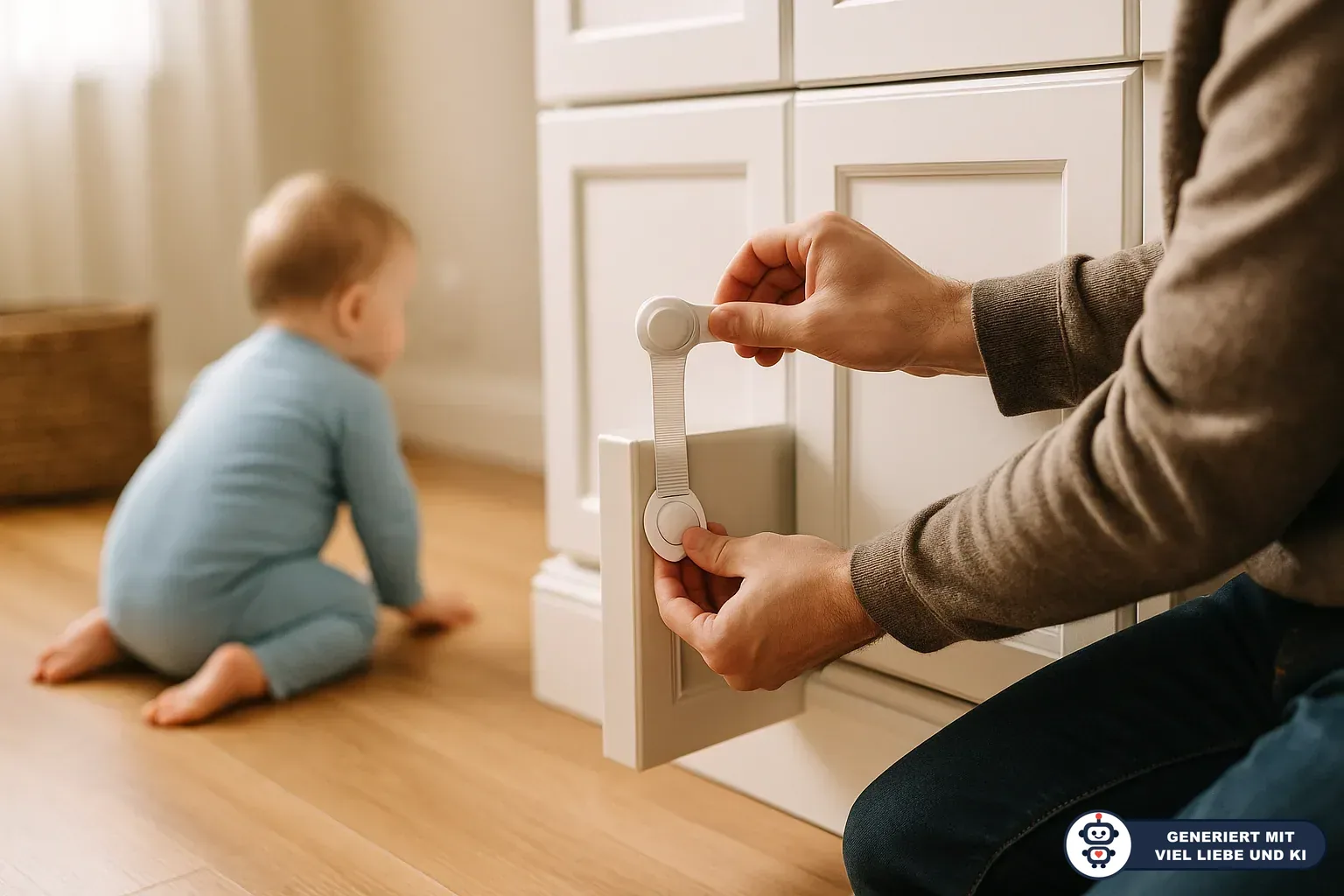 Erwachsener bringt eine Kindersicherung an einem weißen Schrank an, während ein Baby im Hintergrund krabbelt. (mit KI erstellt)