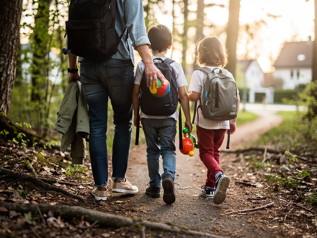 Erwachsener geht mit zwei Kindern und Rucksäcken auf einem Waldweg, die Kinder tragen Spielzeug.