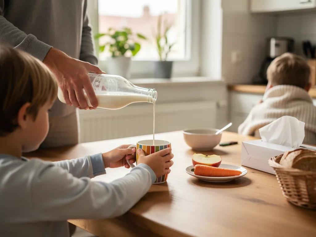 Erwachsener gießt Milch in die Tasse eines Kindes; auf dem Küchentisch stehen Obst, Brot und Taschentücher.