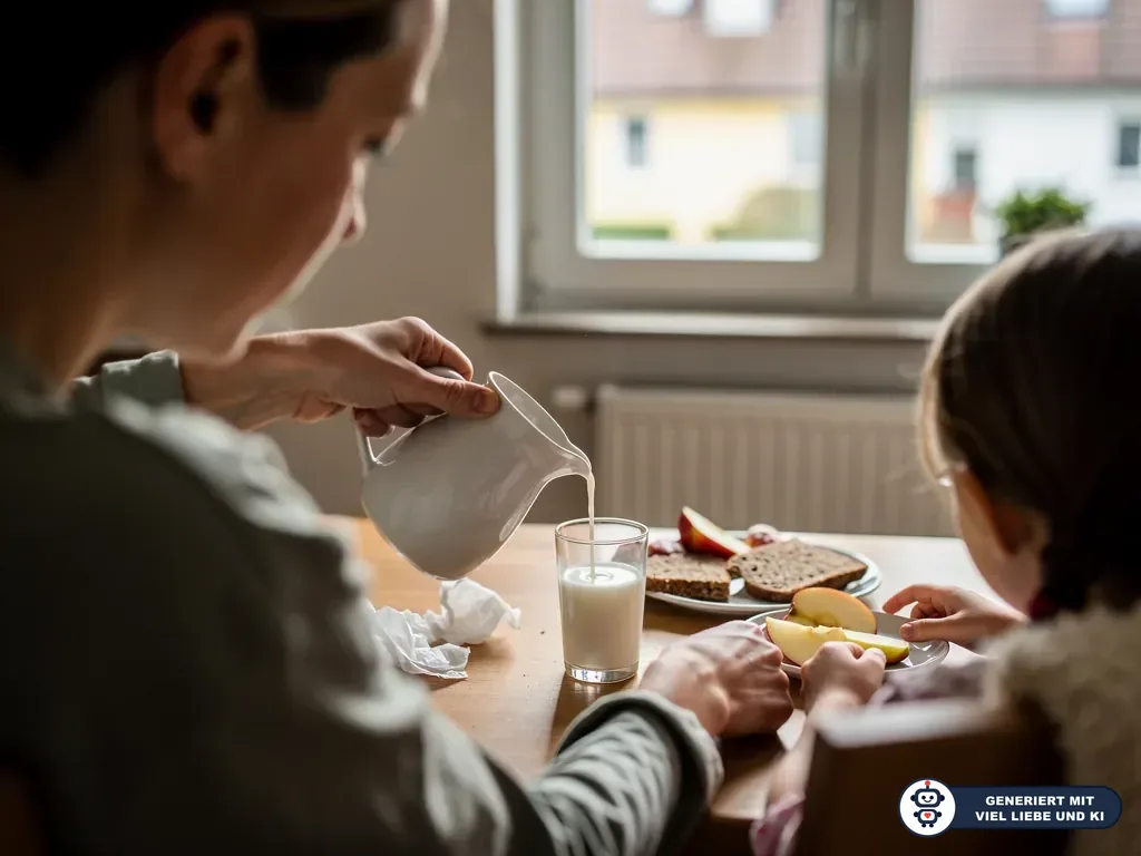 Erwachsener gießt Milch in ein Glas, daneben sitzt ein Kind mit Apfelspalten, Brot und Taschentüchern am Frühstückstisch. (mit KI erstellt)