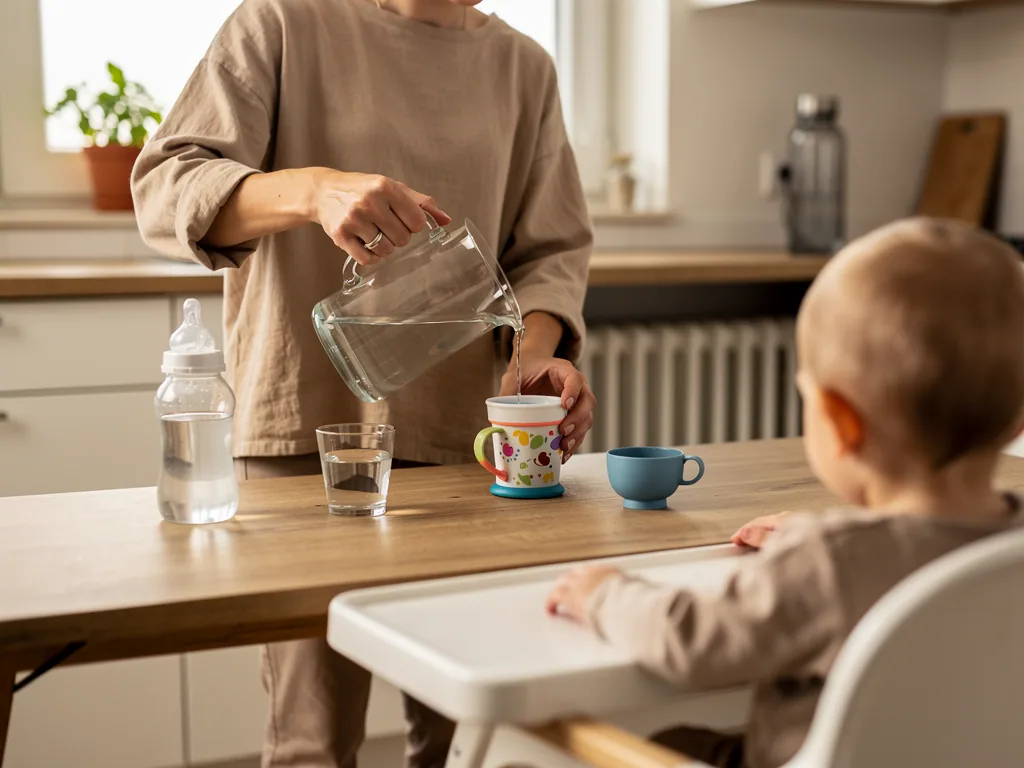 Erwachsener gießt Wasser in einen Kinderbecher, während ein Baby im Hochstuhl zusieht.