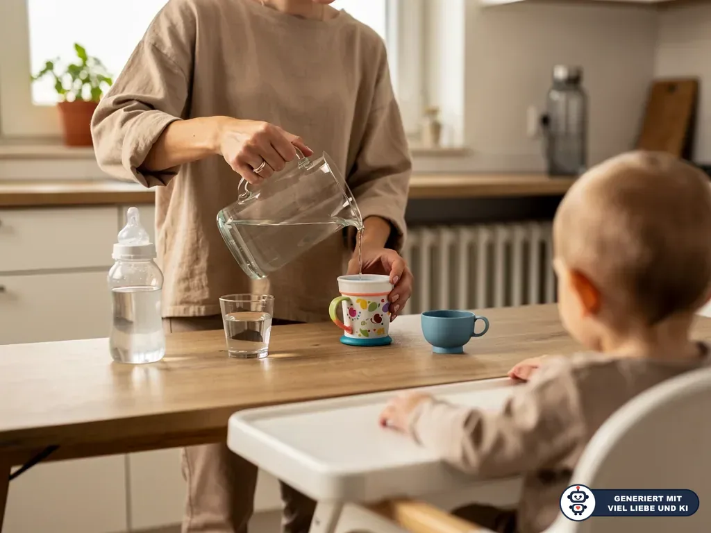 Erwachsener gießt Wasser in einen Kinderbecher, während ein Baby im Hochstuhl zusieht. (mit KI erstellt)