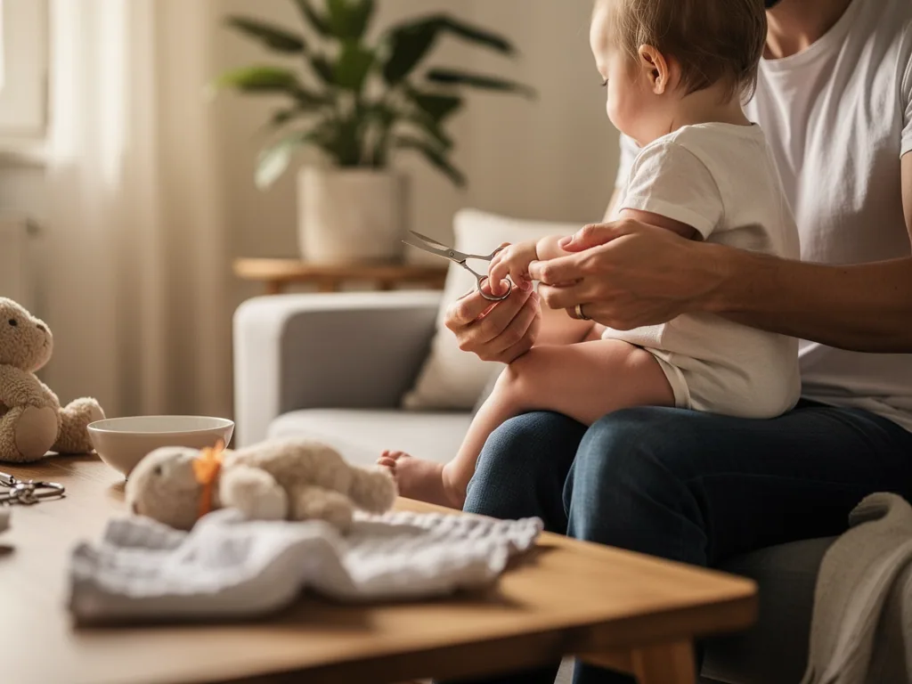 Erwachsener hält ein Baby auf dem Schoß und schneidet vorsichtig dessen Fingernägel mit einer kleinen Schere.
