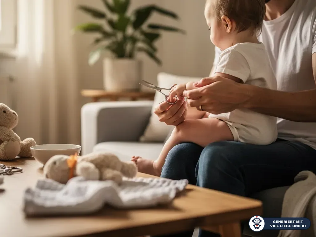 Erwachsener hält ein Baby auf dem Schoß und schneidet vorsichtig dessen Fingernägel mit einer kleinen Schere. (mit KI erstellt)