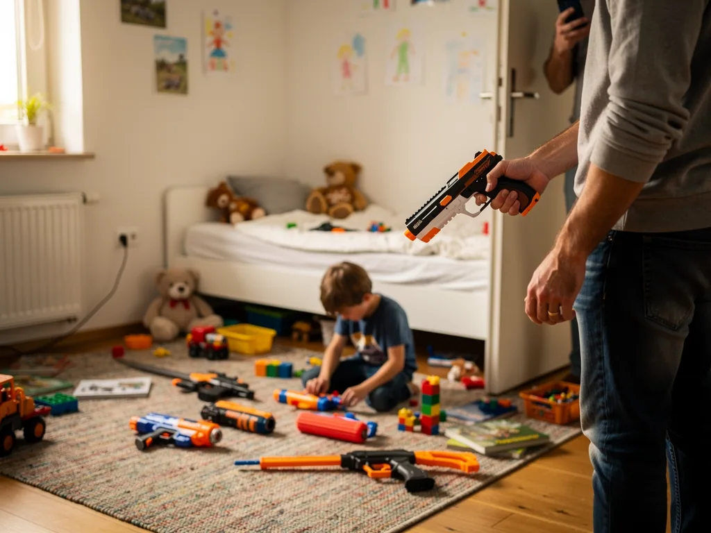 Erwachsener hält Spielzeugpistole im Kinderzimmer, während ein Kind zwischen Spielzeugwaffen und Bausteinen spielt.