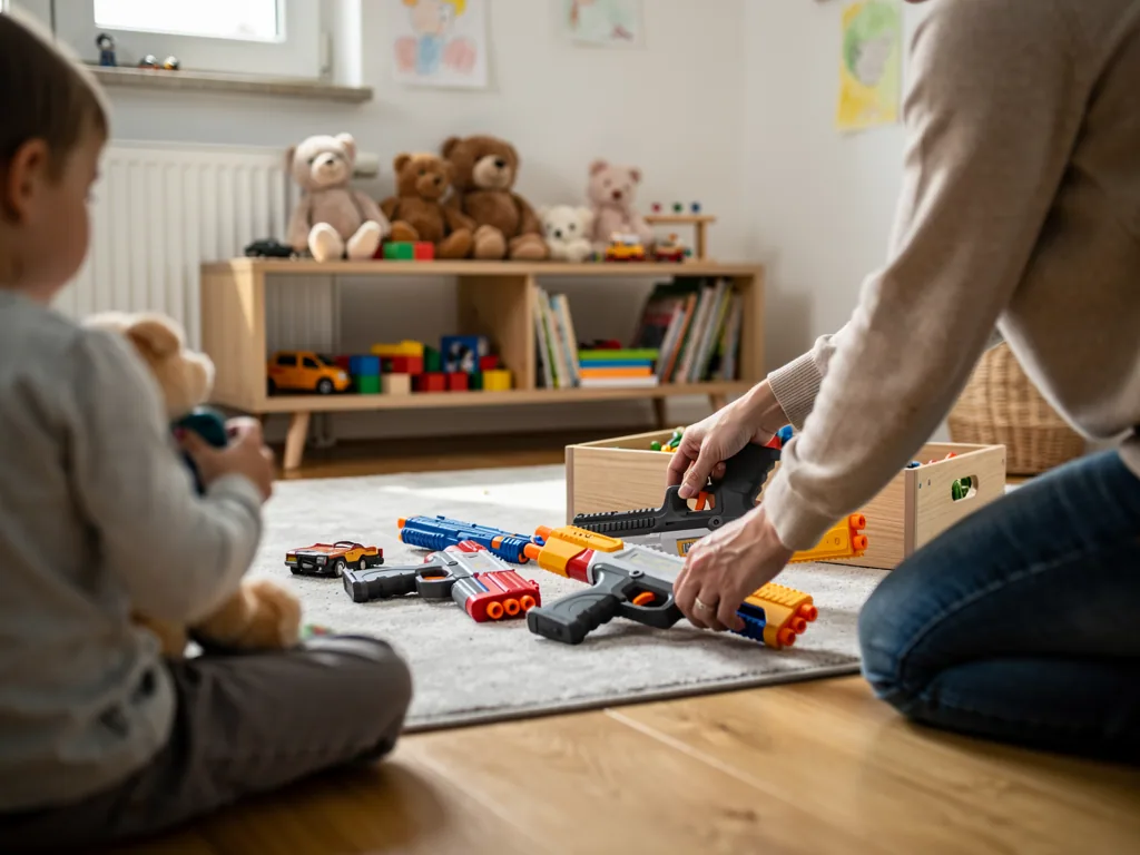 Erwachsener prüft bunte Spielzeugwaffen auf dem Kinderzimmerboden, daneben sitzt ein Kind mit Teddy.