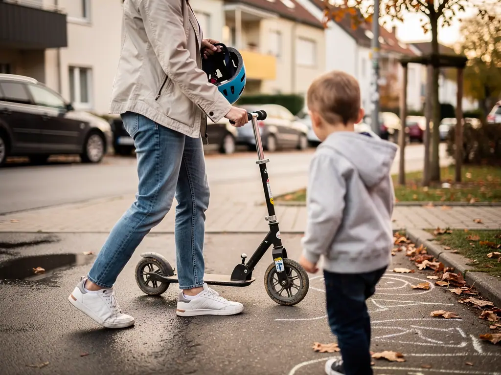 Erwachsener schiebt Kinderroller und hält Helm, ein Kind steht daneben auf dem Gehweg in einer Wohnstraße.