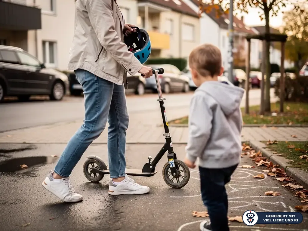 Erwachsener schiebt Kinderroller und hält Helm, ein Kind steht daneben auf dem Gehweg in einer Wohnstraße. (mit KI erstellt)