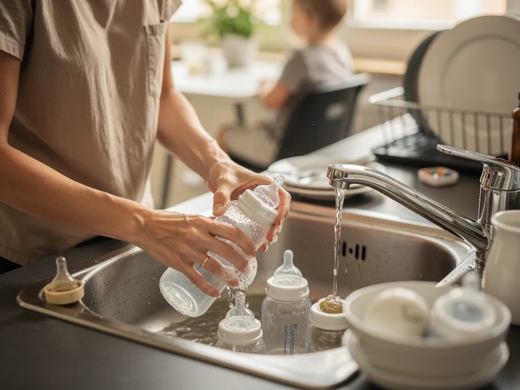 Erwachsener spült Babyflasche mit Sauger unter fließendem Wasser in der Küchenspüle.
