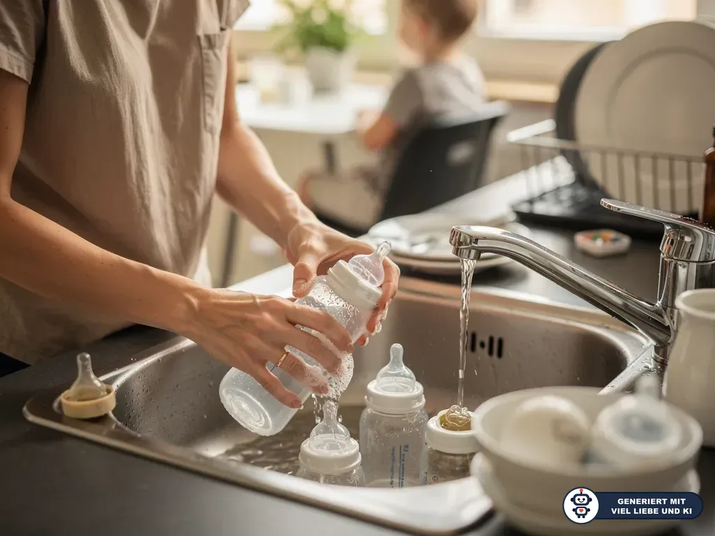 Erwachsener spült Babyflasche mit Sauger unter fließendem Wasser in der Küchenspüle. (mit KI erstellt)