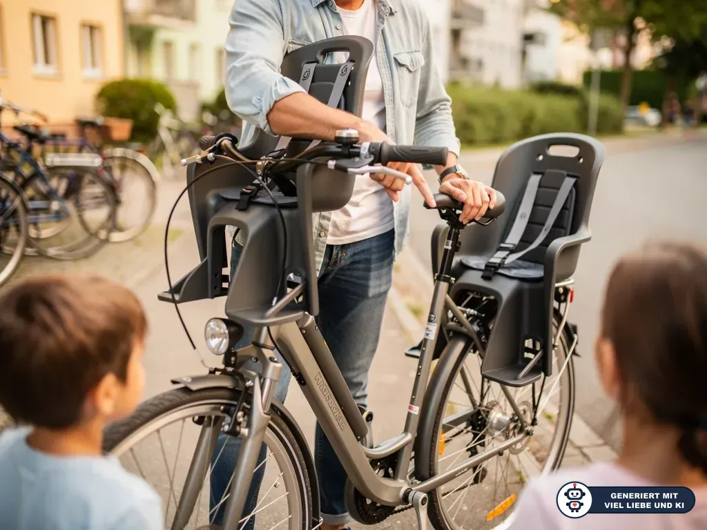 Erwachsener zeigt E-Bike mit Kindersitz vorne und hinten, zwei Kinder stehen davor auf einer Wohnstraße. (mit KI erstellt)
