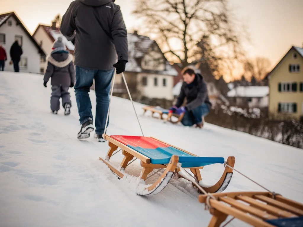 Erwachsener zieht zwei Holzschlitten im Schnee, Kind geht daneben; weitere Person kniet am Hang.