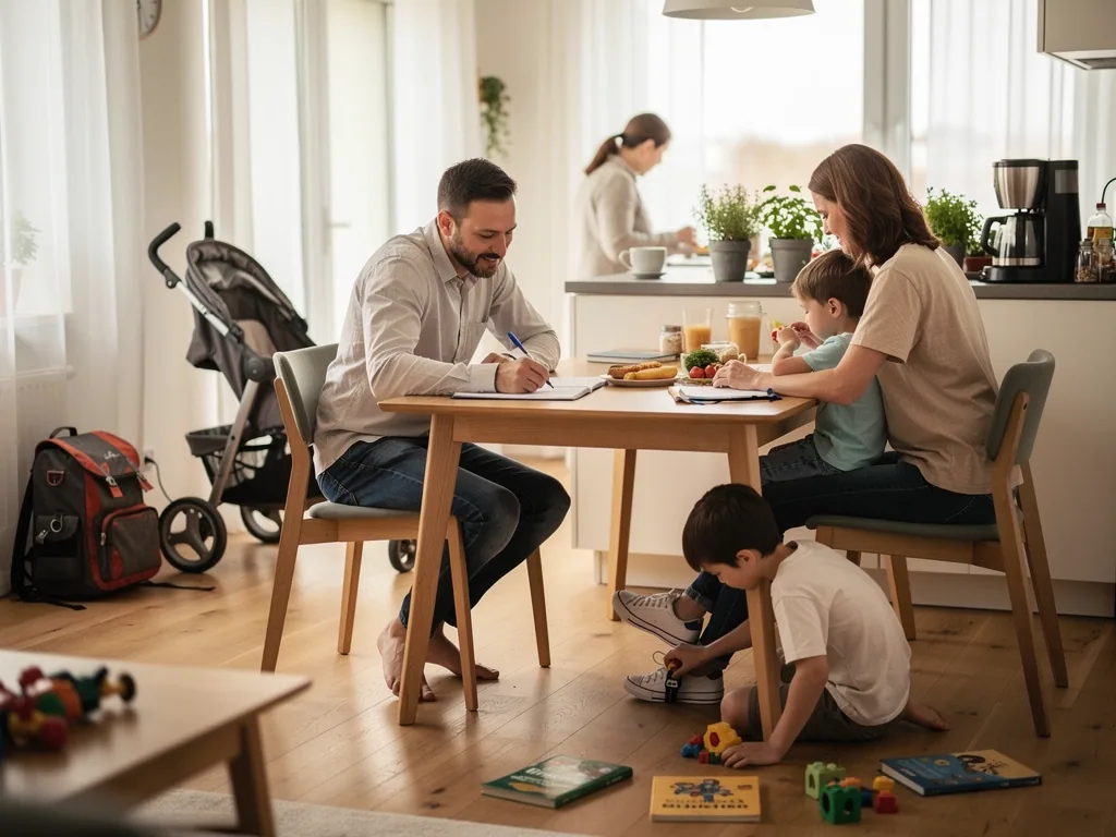 Familie am Küchentisch: Vater schreibt, Mutter hilft Kind beim Essen, weiteres Kind spielt auf dem Boden.