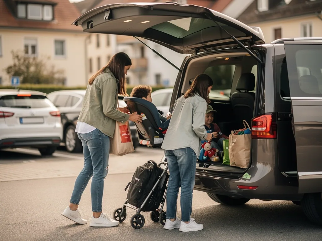 Familie belädt einen grauen Van mit Kindersitz, Buggy, Einkaufstaschen und Kindern auf einem Parkplatz.
