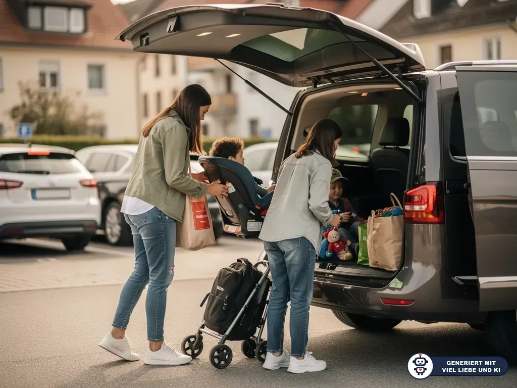 Familie belädt einen grauen Van mit Kindersitz, Buggy, Einkaufstaschen und Kindern auf einem Parkplatz. (mit KI erstellt)