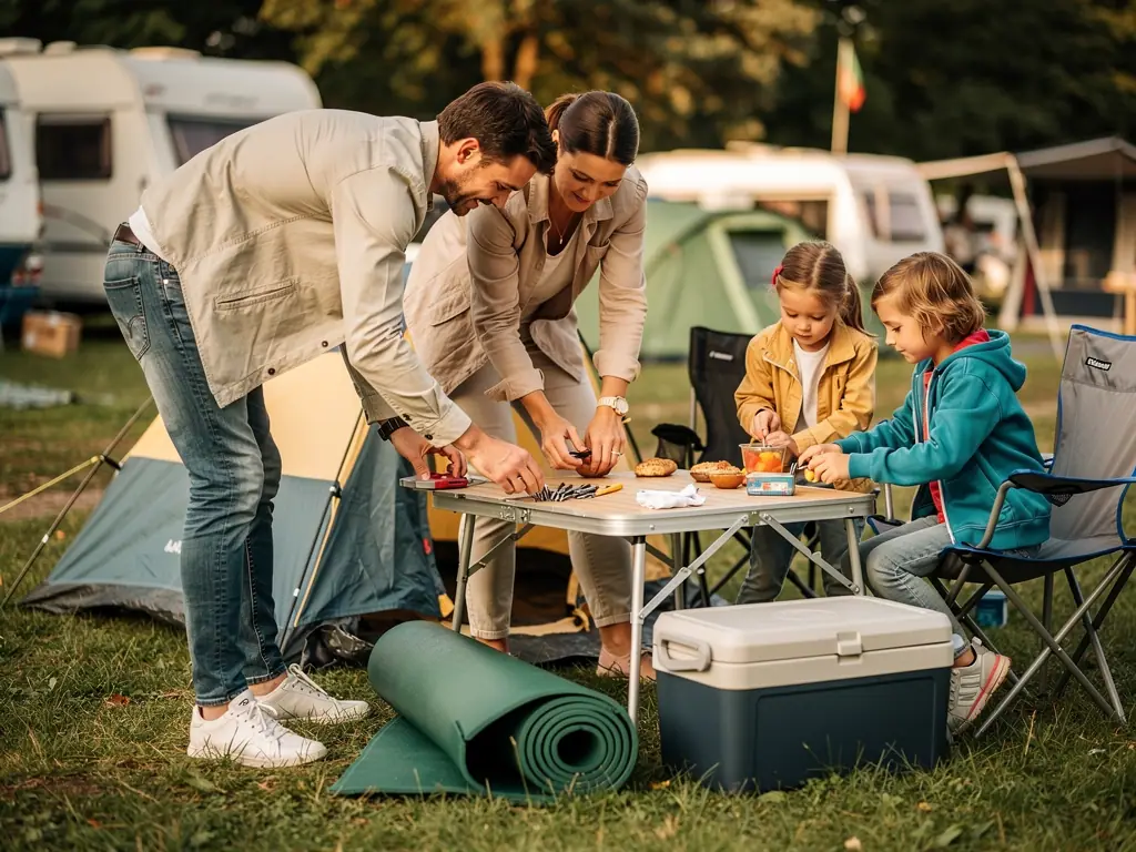 Familie bereitet am Campingtisch Essen vor, daneben Zelt, Kühlbox und Isomatte auf einem Campingplatz.