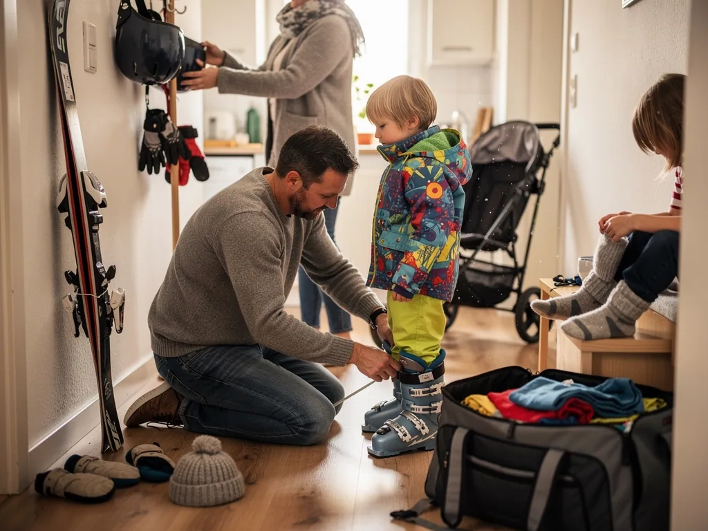 Familie bereitet Skiurlaub vor: Vater schnallt Kind Skischuhe an, Ski, Helm und Reisetasche im Flur.