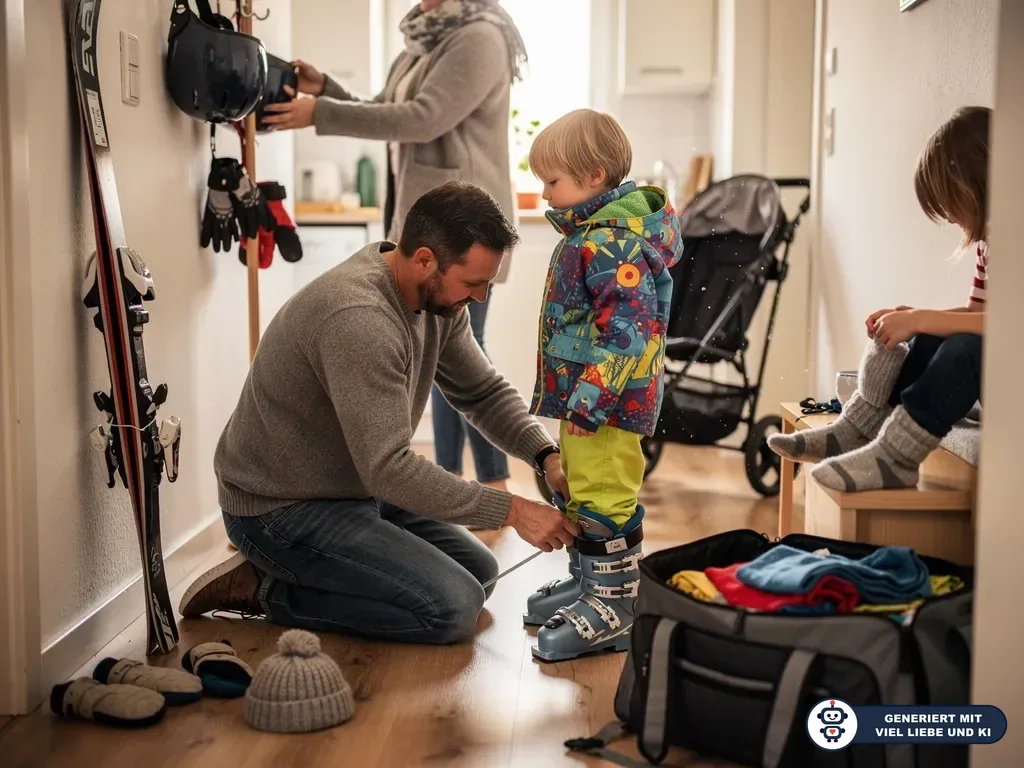 Familie bereitet Skiurlaub vor: Vater schnallt Kind Skischuhe an, Ski, Helm und Reisetasche im Flur. (mit KI erstellt)