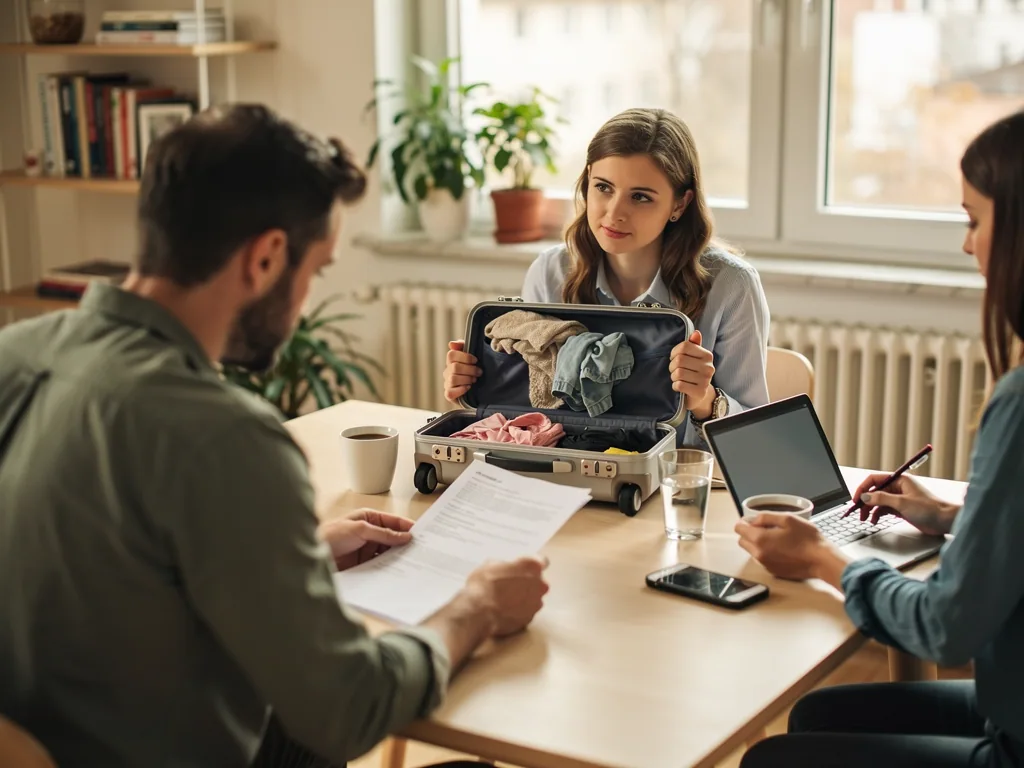 Familie bespricht am Tisch mit Au-pair und offenem Koffer Unterlagen und Vorbereitungen für den Aufenthalt.